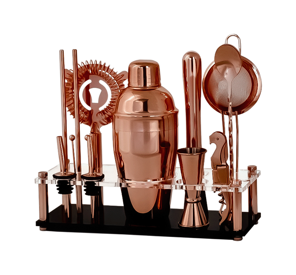 Signature Barware, Complete Cocktail Kit with Stand - Copper, 14 Piece  Bar Tool Kit