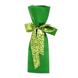Wine Bottle Gift Bag Woven Green with Ribbon