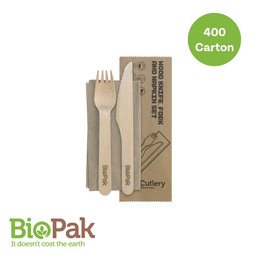 16cm Wooden Knife, Fork & Napkin Set 400/Carton