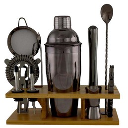 Cocktail Kit 10 Piece Black Chrome in Wooden Stand
