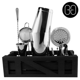 Cocktail Kit with Black Wooden Stand - Stainless Steel 