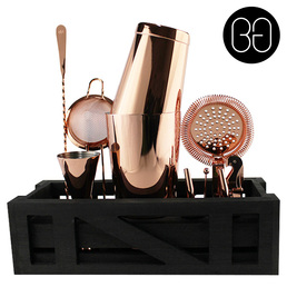 Cocktail Kit with Dark Wooden Stand - Copper 