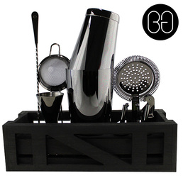 Cocktail Kit with Dark Wooden Stand - Black Chrome
