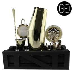 Cocktail Kit with Dark Wooden Stand - Gold