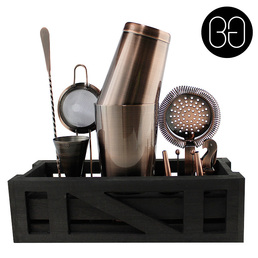 Cocktail Kit with Dark Wooden Stand - Antique Copper