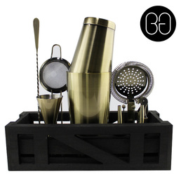 Cocktail Kit with Dark Wooden Stand - Antique Gold