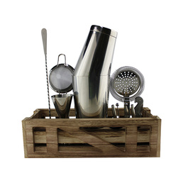 Cocktail Kit with Wooden Stand - Stainless Steel