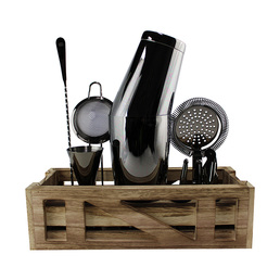 Cocktail Kit with Wooden Stand - Black Chrome