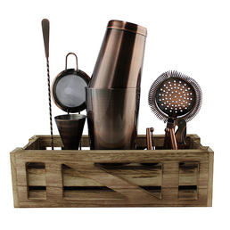 Cocktail Kit with Wooden Stand - Antique Copper