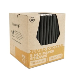 5PLY Strong Paper Straw Jumbo Cocktail [8.5x135mm] Black- 220/Pk