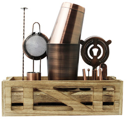 Signature Barware Cocktail Kit with Wooden Stand - Antique Copper