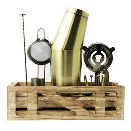 Signature Barware Cocktail Kit with Wooden Stand - Antique Gold 