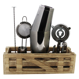 Signature Barware Cocktail Kit with Wooden Stand - Black Chrome
