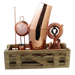 Signature Barware Cocktail Kit with Wooden Stand - Copper