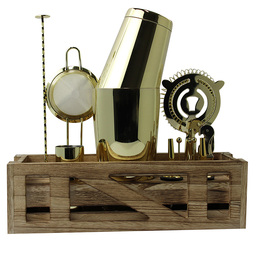 Signature Barware Cocktail Kit with Wooden Stand - Gold