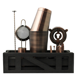 Cocktail Kit with Black Wooden Stand - Antique Copper