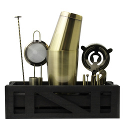 Cocktail Kit with Black Wooden Stand - Antique Gold