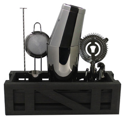 Cocktail Kit with Black Wooden Stand - Black Chrome