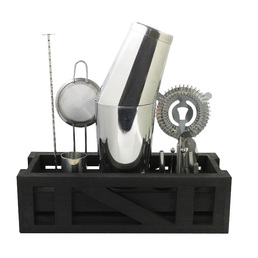 Cocktail Kit with Black Wooden Stand - Stainless Steel