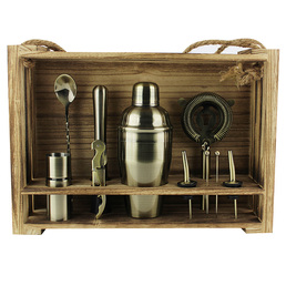 Cocktail Kit with Light Hanging Wooden Stand - Antique Gold
