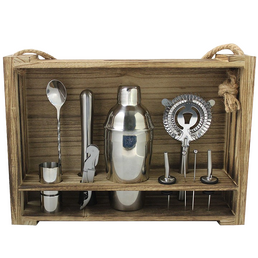 Cocktail Kit with Light Hanging Wooden Stand - Stainless Steel