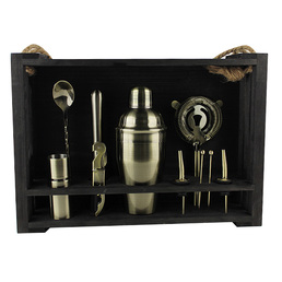 Cocktail Kit with Black Hanging Wooden Stand - Antique Gold