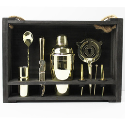 Cocktail Kit with Black Hanging Wooden Stand - Gold