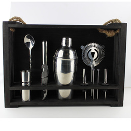  Cocktail Kit with Black Hanging Wooden Stand - Stainless Steel