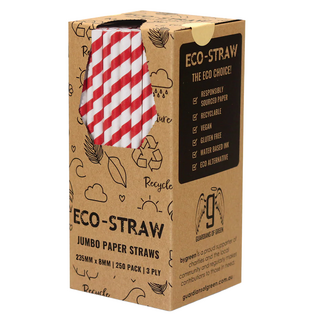 Paper Jumbo Straw - Red Stripe 235mm - 250Pk