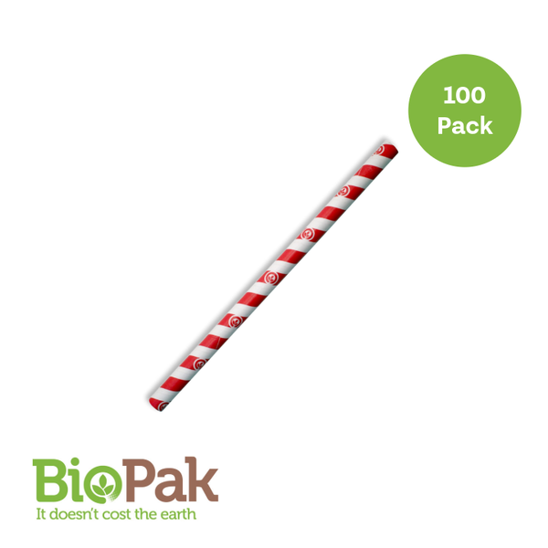 10mm Jumbo Bio Straw Red Stripe 100Pk