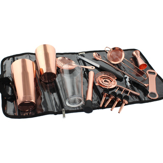 Cocktail Kit 16 Piece Roll Copper with Engraved Boston Shaker
