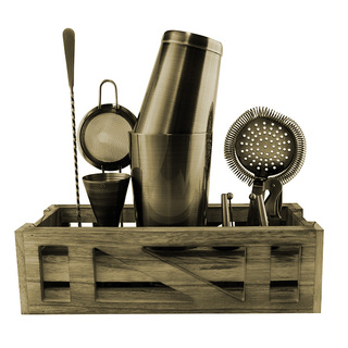 Cocktail Kit with Wooden Stand - Antique Gold
